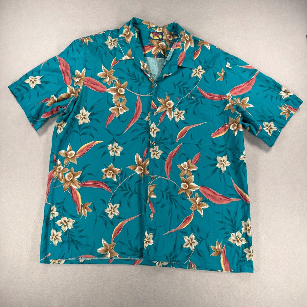 Hawaii Blues Mens Teal Tropical Floral Vintage Button Up Camp Shirt XL